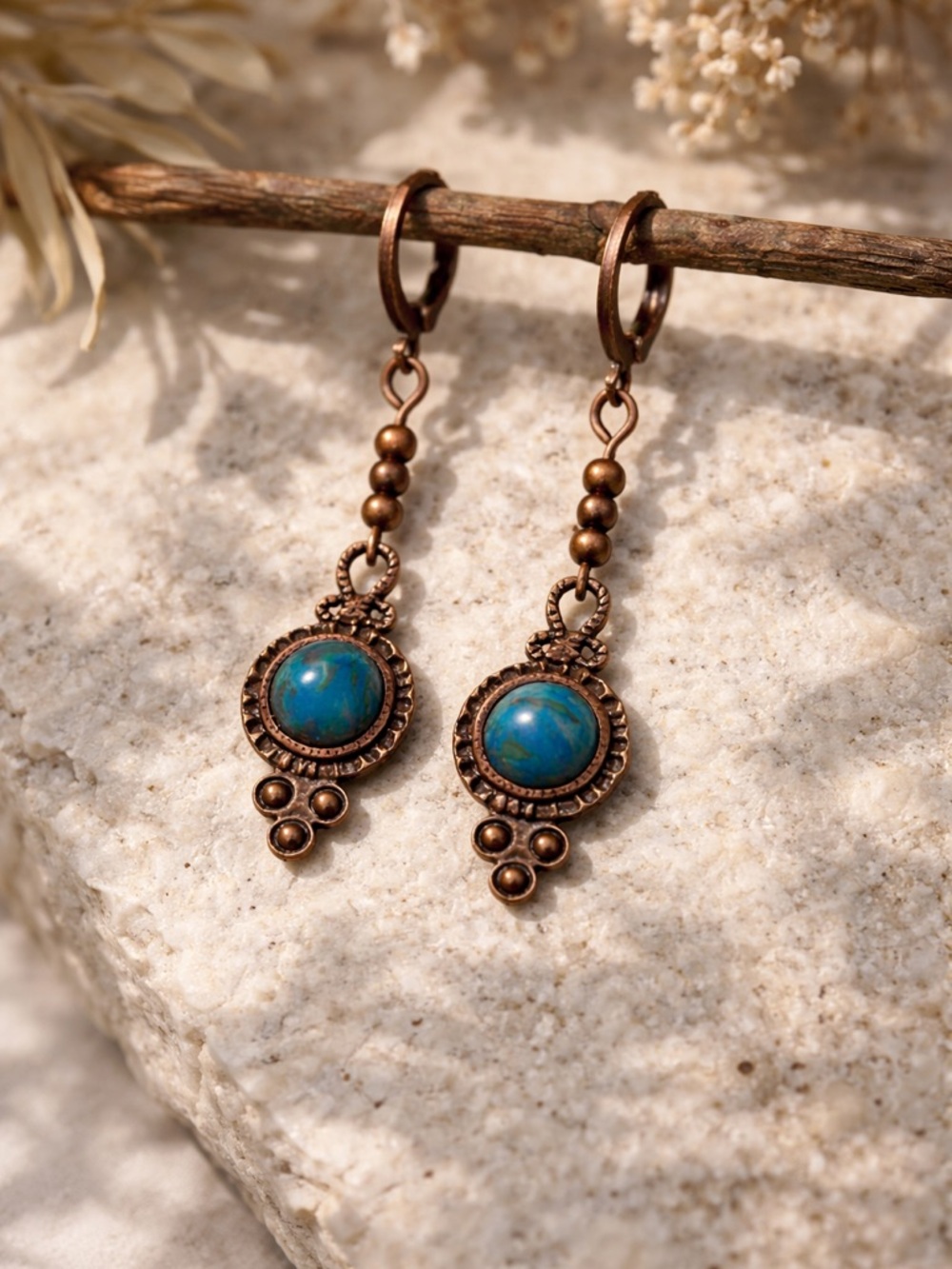 Boho Blue Stone Earrings Copper Dangle Bezel Set